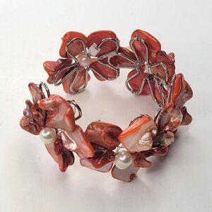 Coral Cuff Bracelet Freshwater Pearl and Mother Of Pearl Bangle NEW